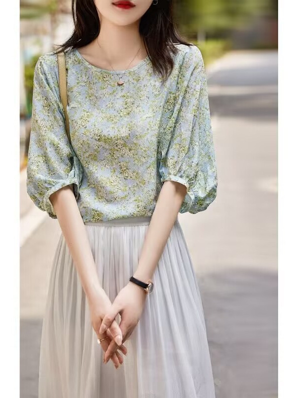 Áo sơ mi nữ tay đèn lồng màu xanh lá cây tươi mát — màu xanh lá cây