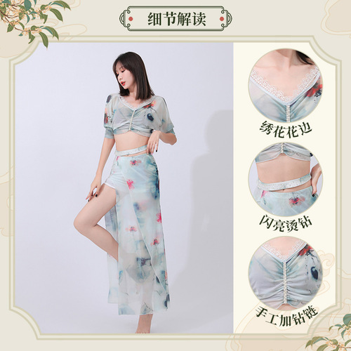  summer belly dance clothing skirt embroidered lace women's practice clothing suit diamond chain top skirt hot diamond dance clothing