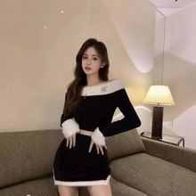 女秋冬季修身性感一字肩针织衫撞色包臀短裙