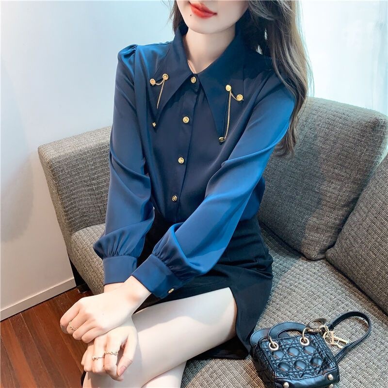 French-Style Pointed Collar Shirt for Women 2026 Spring and Autumn New Stylish Chiffon Blouse with Fashionable Chain Stitching Top French-Style Pointed Collar Shirt for Women 2026 Spring and Autumn New Stylish Chiffon Blouse with Fashionable Chain Stitching Top