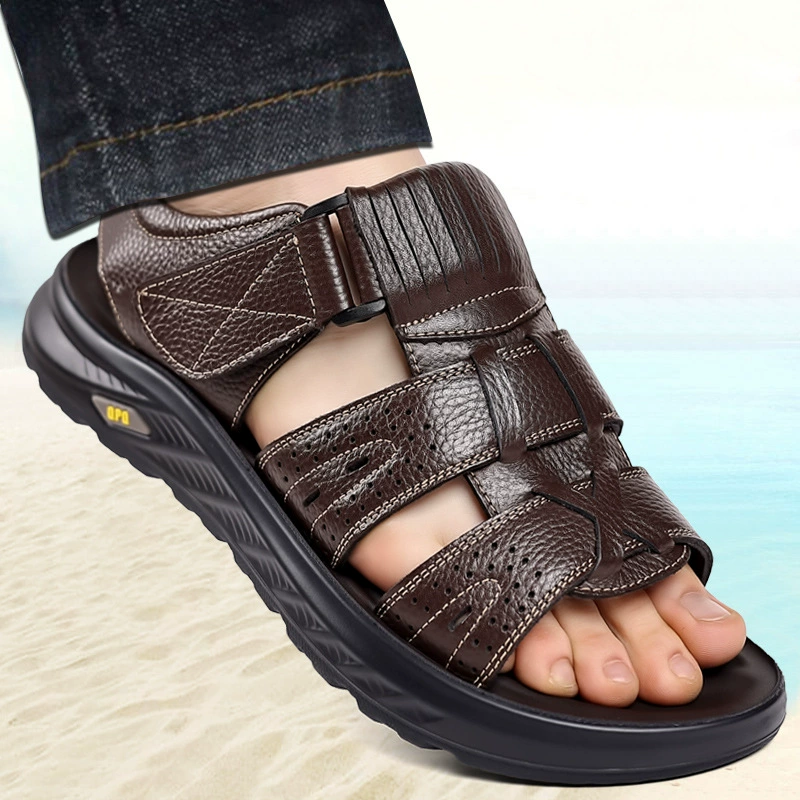 Сандалии из коровьей кожи первого слоя мужские летние износостойкие нескользящие пляжные туфли мужские кожаные сандалии двойного назначения