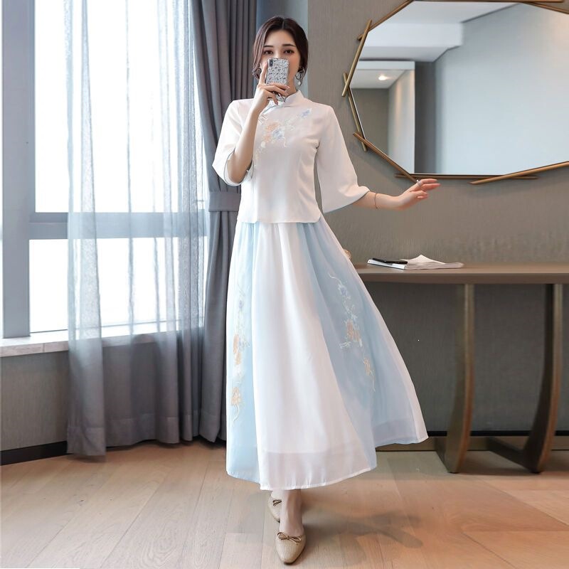 Set of Hanfu for Women, Chinese Style Ancient Costume with Embroidery, Two-Piece Summer Fairy-Like Bridesmaid Outfit, Student-Style Republic of China Style Women's Clothing Set of Hanfu for Women, Chinese Style Ancient Costume with Embroidery, Two-Piece Summer Fairy-Like Bridesmaid Outfit, Student-Style Republic of China Style Women's Clothing