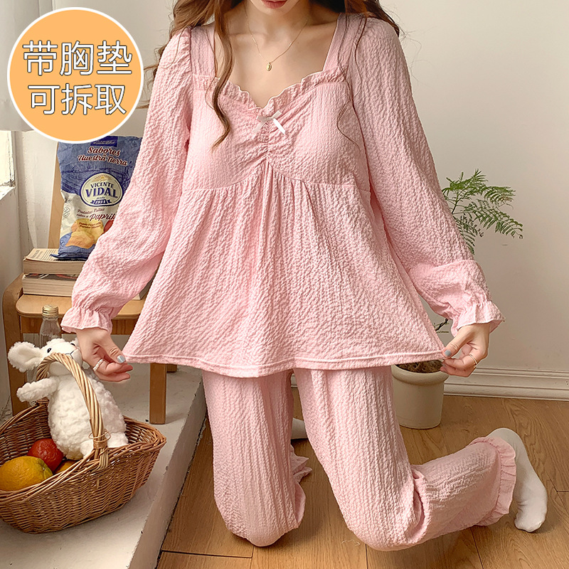 Sweet girl pink pijamas mujer tejido crepe v-cuello de algodón más tamaño de manga larga otoño e invierno ropa para el hogar con el pecho pad traje
