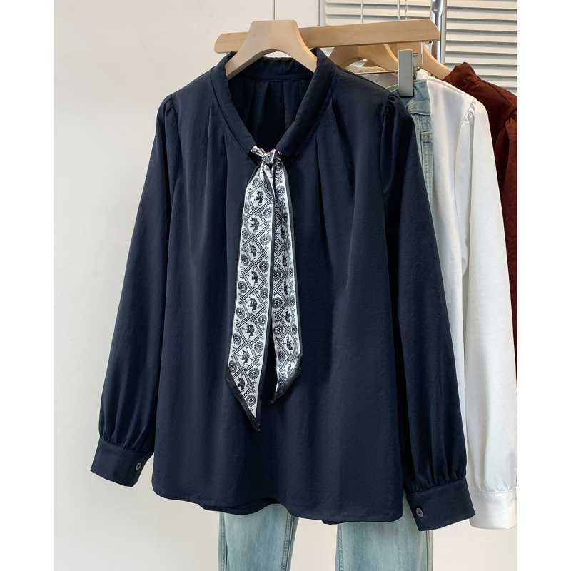 Plus-Size Women's Clothing 2026 Spring and Autumn New Style High-End Chic Retro Drawstring Silk Scarf Long-Sleeve Shirt Blouse