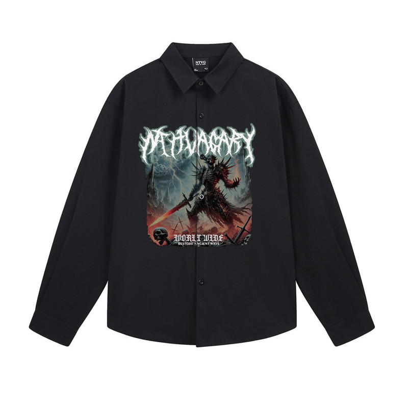 Spring and Autumn Men's Shirt with Dark Demon Skull Warrior Portrait Print, Unique Loose Casual Long-Sleeve Shirt, Trendy