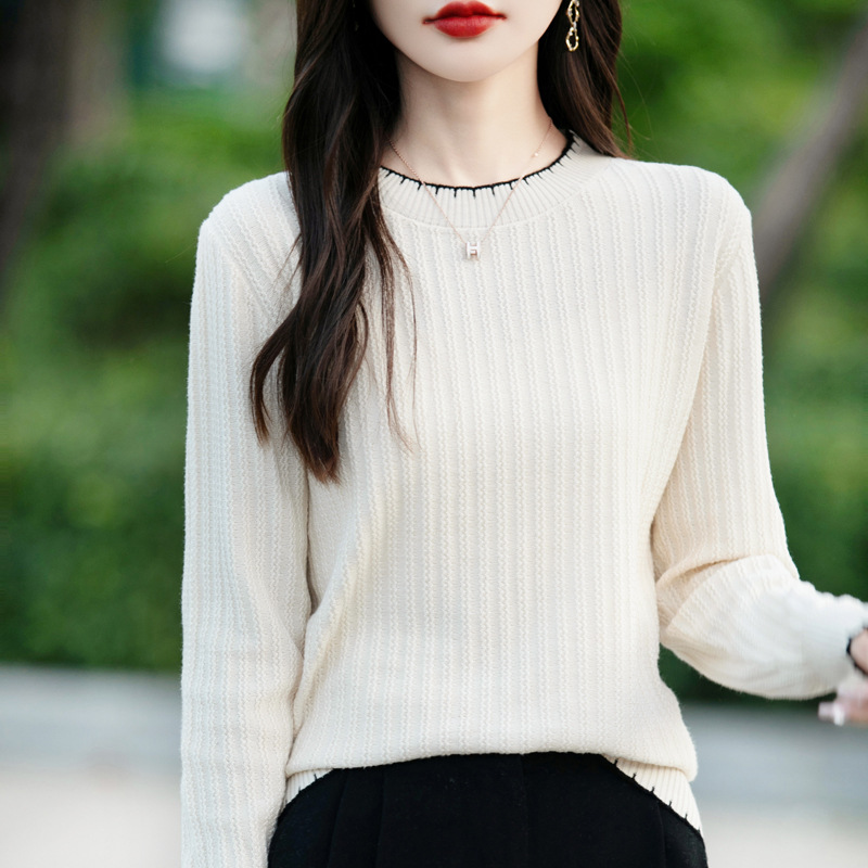 Women's Cotton Line Color Blanket Lace Crewneck Sweater Autumn and Winter New Pit Strip Long Sleeve Loose Knitted Base Shirt Top