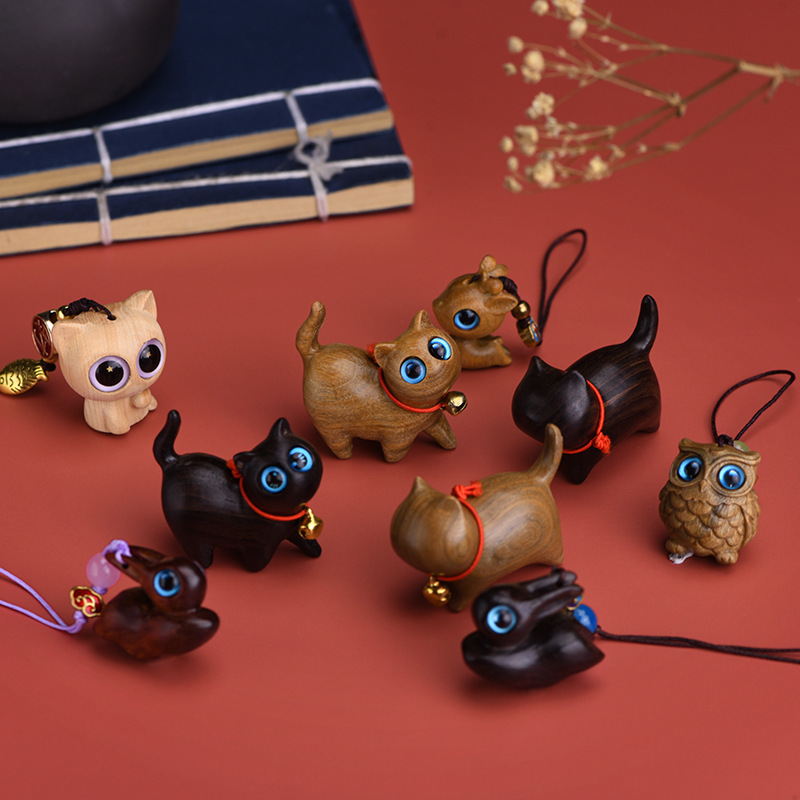 Little black cat sandalwood playing ornaments cute proud kitten original handmade mini desktop healing creative gift