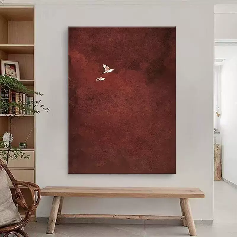 手绘油画复古红色客厅背景墙装饰画新中式红红火火高级别墅玄关画