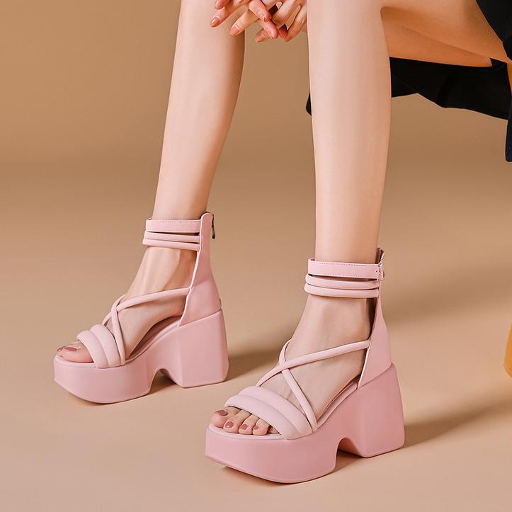 Sandal cao gót La Mã hở mũi đế platform dây kéo sau gót 10 cm — Màu đen, Màu hồng, Màu trắng be