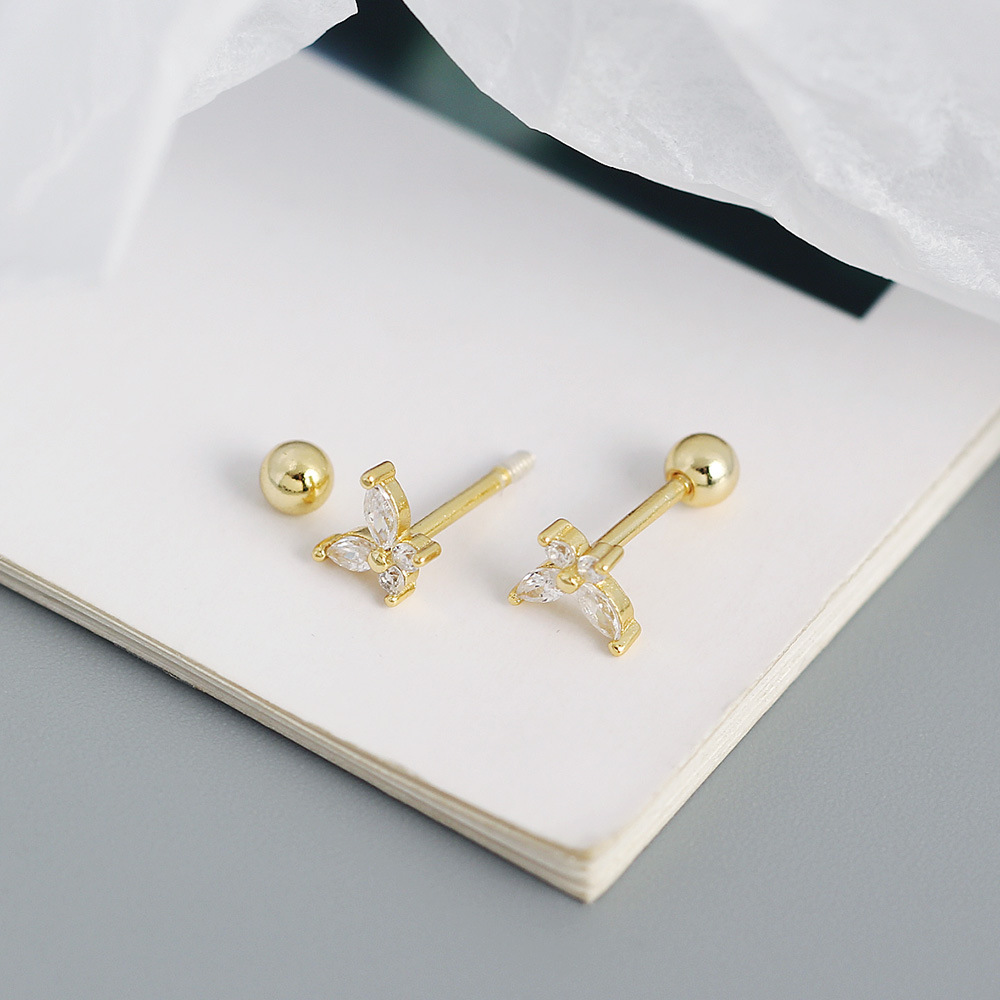 s925 silver butterfly zircon screw thread ear stud female