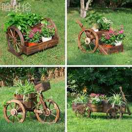 防腐木装饰庭院多层花盆架阳台创意花架碳化实木花箱木质花车户外