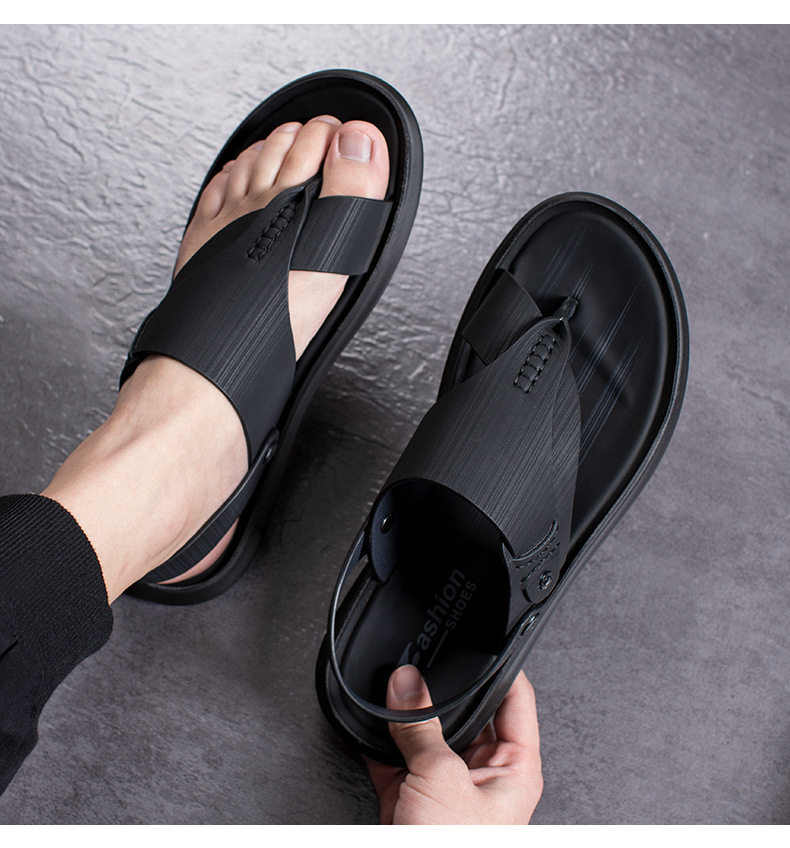 Dép sandal nam quai ngang mềm mại, hở ngón, đế bệt 1,5 cm, đi biển và dạo phố — 55216 màu đen chi tiết 5