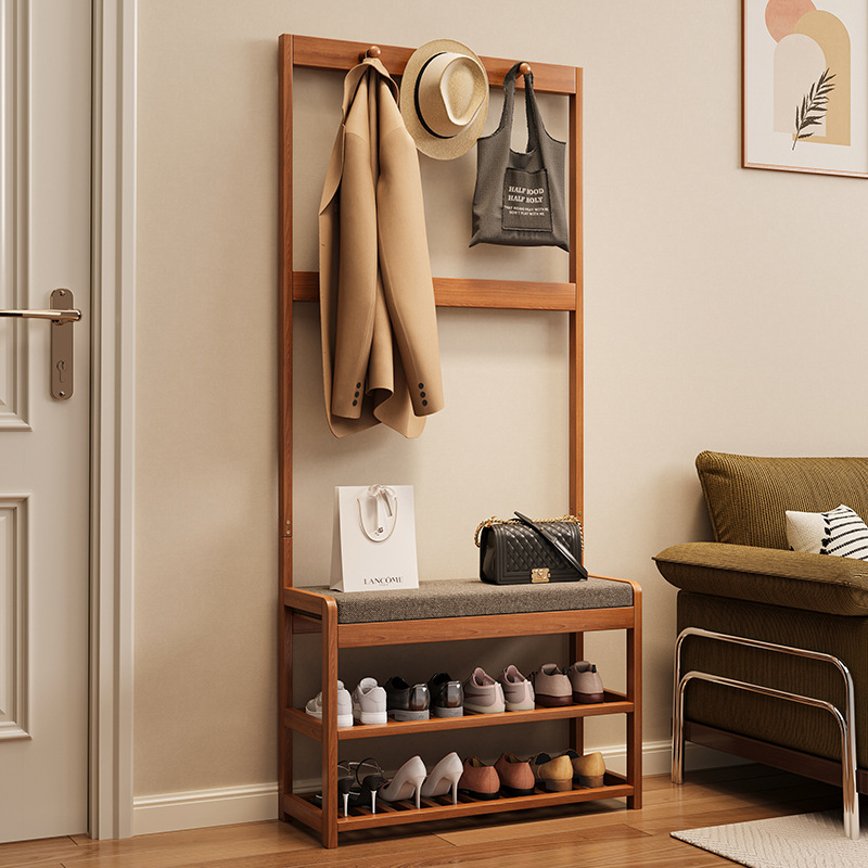 Perchero de madera maciza percha de piso simple moderno pasillo multifuncional casa de alquiler habitación Cambio de zapatos taburete zapato Gabinete integrado
