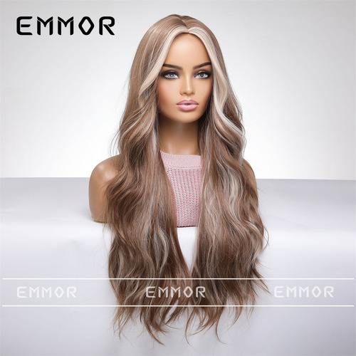 European and American medium-parted long curly wig for women, hair hanging ear highlights, fluffy big waves, mixed brown hair color, full headband style