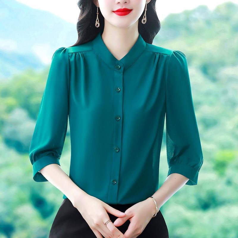 Summer Mid-Sleeve Shirt, New Summer Style, Mulberry Silk Three-Quarter Sleeve Solid Color Top, Versatile and Age-Reducing, High-End Blouse for Women Summer Mid-Sleeve Shirt, New Summer Style, Mulberry Silk Three-Quarter Sleeve Solid Color Top, Versatile and Age-Reducing, High-End Blouse for Women