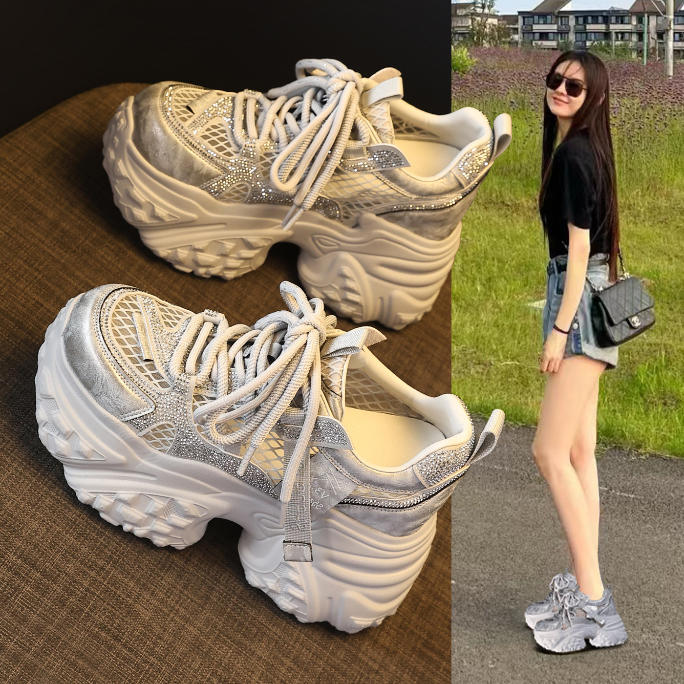 Giày sneaker nữ đế dày tăng chiều cao lưới thoáng khí phong cách daddy — màu trắng