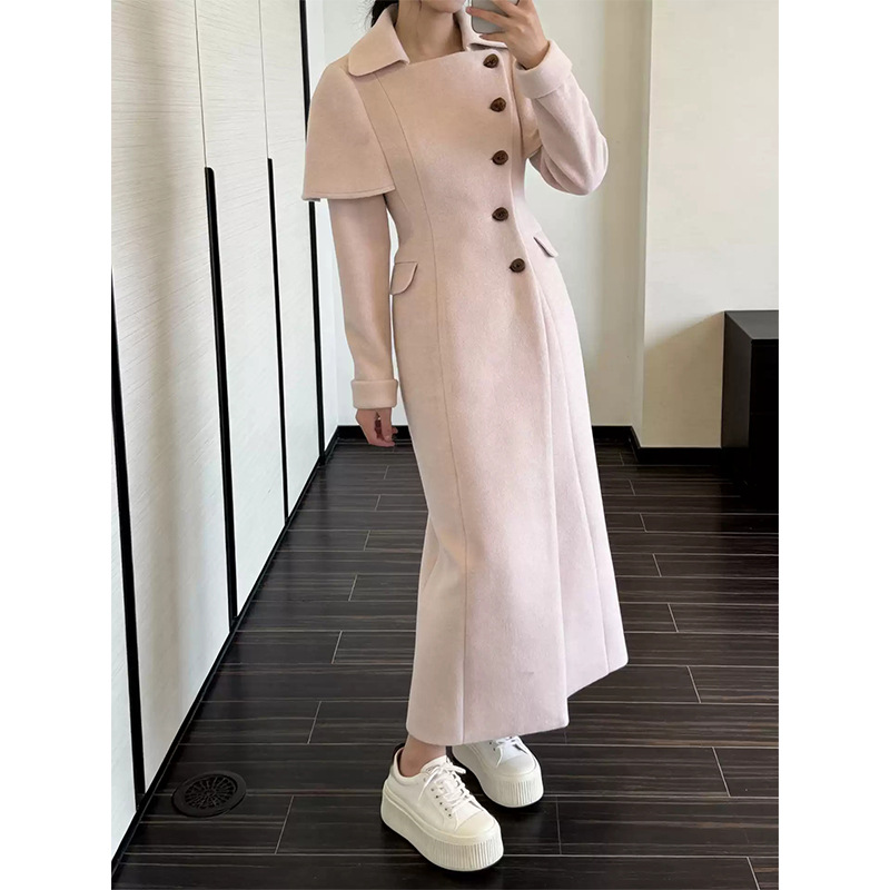 French-style soft pink shawl coat, new autumn style, stylish design, slim waist, long woolen coat.