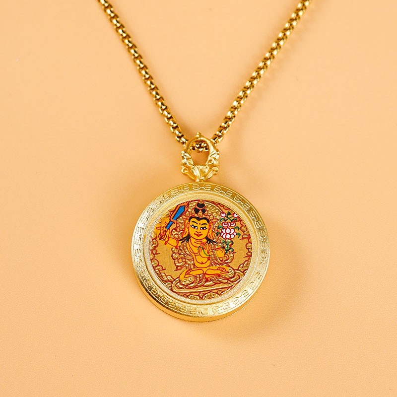 티베트 REGONG 순수한 손으로 그린 THANGKA ZODIAC YELLOW GOD OF WEALTH EIGHT PATRON GOD MANJUSRI BODHISATTVA BUMING BUDDHA PENDANT