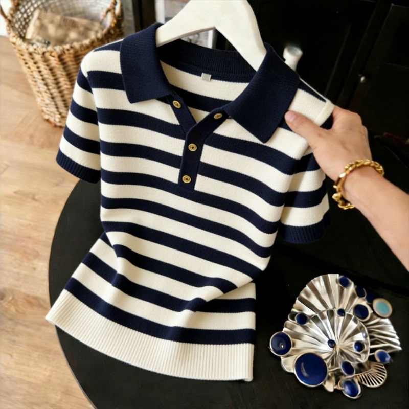 Women's Striped Collared Knit T-shirt Plus Size Loose Summer Top_voghion.com