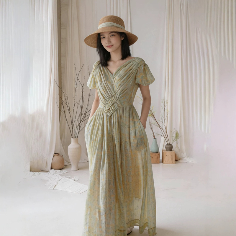100% Ramie Printed Fabric Drawstring Pleated Vintage Style Princess Dress D0461 French Waist-Cinching Elegant Long Dress