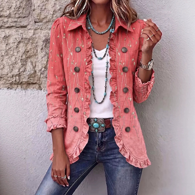 2026 Cross-border European and American Exclusive Ruffle Hem Short Jacket with Turn-down Collar and Double Breasted Ruffle Knit Coat
