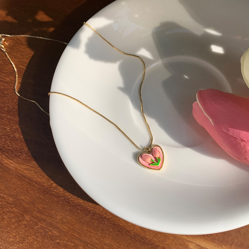 Heart Shape, Flower Pattern Titanium Steel Sweet Heart Shape Flower Plating Necklace