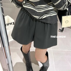 THE LIMON柠檬绿茶2025秋季松紧腰短裤休闲裤显瘦百搭pu阔腿裤女
