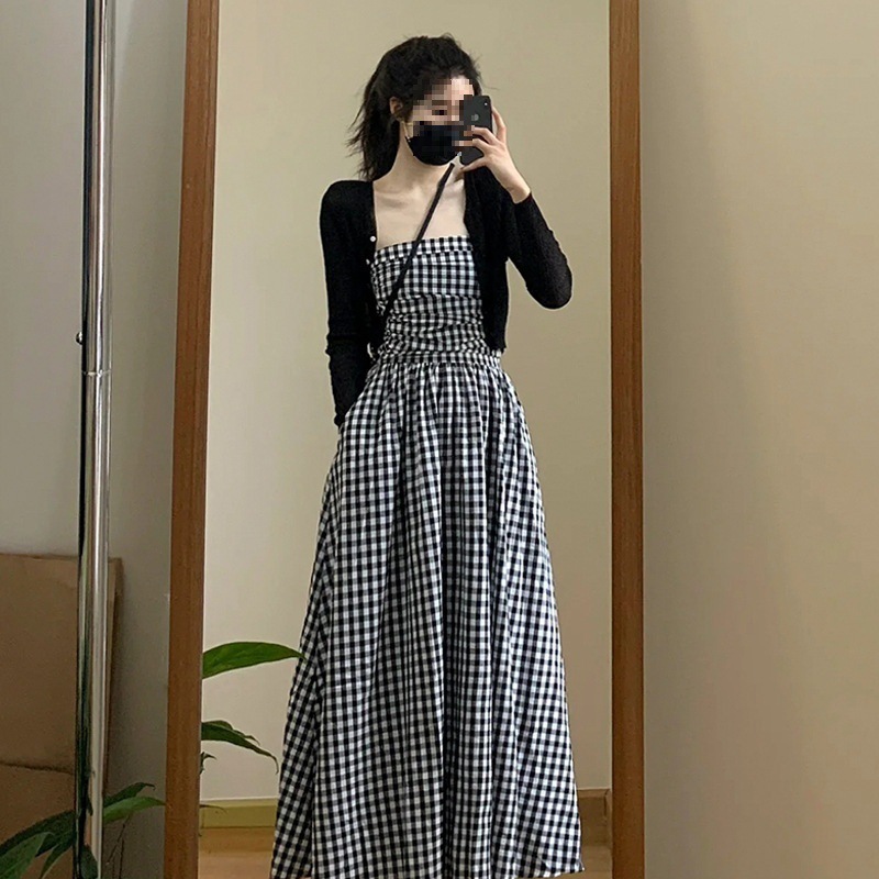 抹胸格子连衣裙子质感感春夏装女2025新款收腰长裙法式两件套