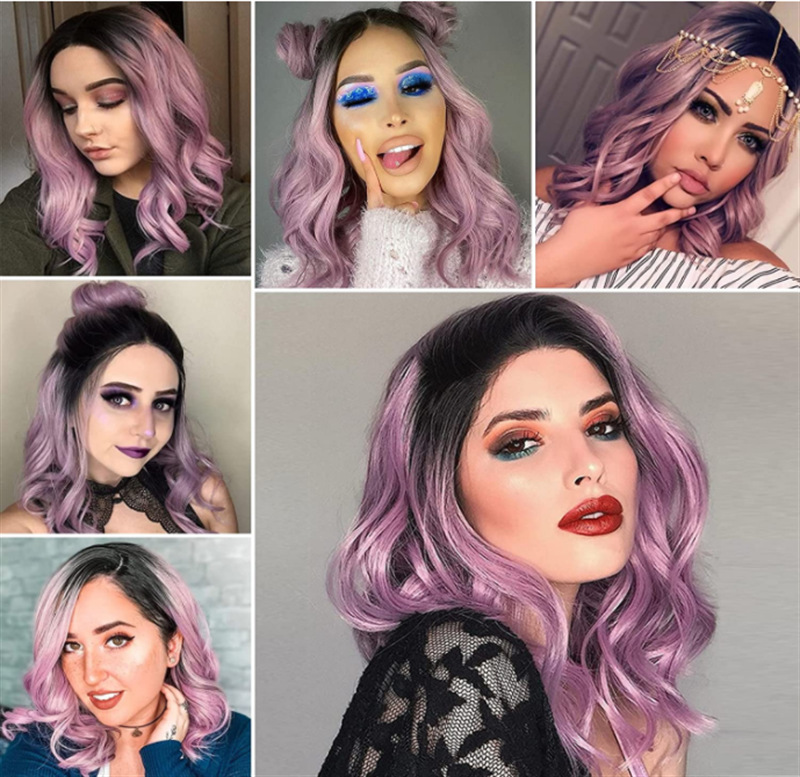 Perruque synthétique 2023 populaire femmes noir dégradé violet longueur d'épaule bouclée rose maille haute température soie fibre chimique cheveux_voghion.com