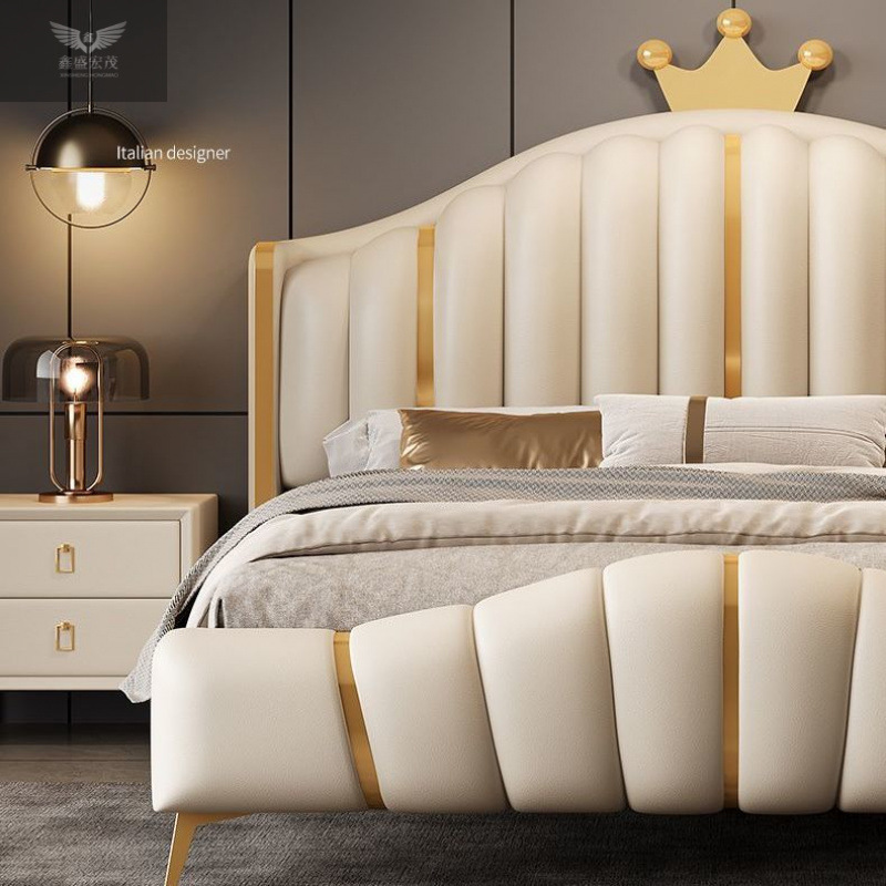 Cama de lujo moderna, cama de lujo, cama de cama de lujo, cama de cuero para adultos, cama doble, cama de cuero de alta gama, color crema