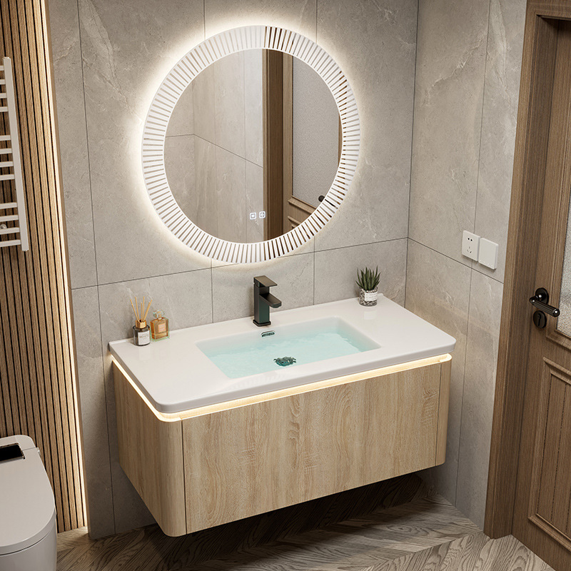 Color de madera cuenca de cerámica integrada esquina redondeada combinación de gabinete de baño lavabo de lavado de manos lavabo de baño piscina