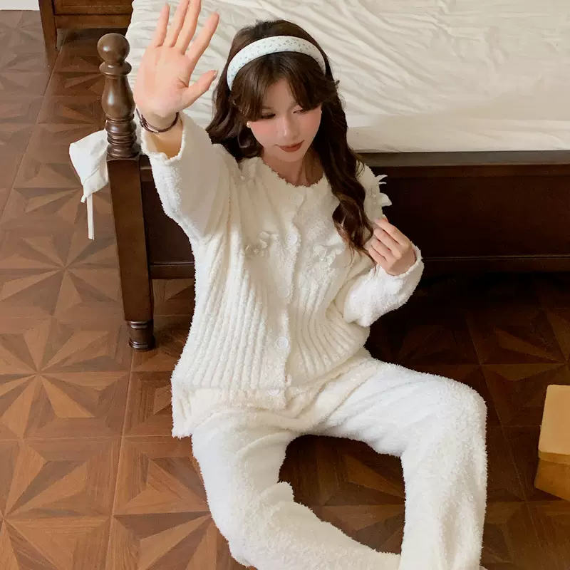 2025新款半边绒睡衣女秋冬加厚居家蝴蝶小香风开衫保暖家居服冬季