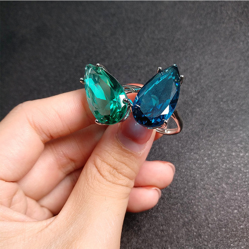 Live delivery of goods, imitation emerald ring, European and American blue crystal diamond ring, emerald drop-shaped ring