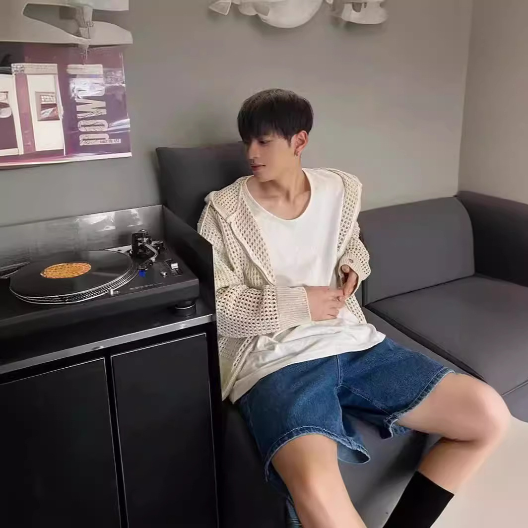 Cardigan haut de gamme pour hommes, pull en tricot ajouré à capuche haute élasticité pour tenue d'été fine de couple de protection solaire_voghion.com