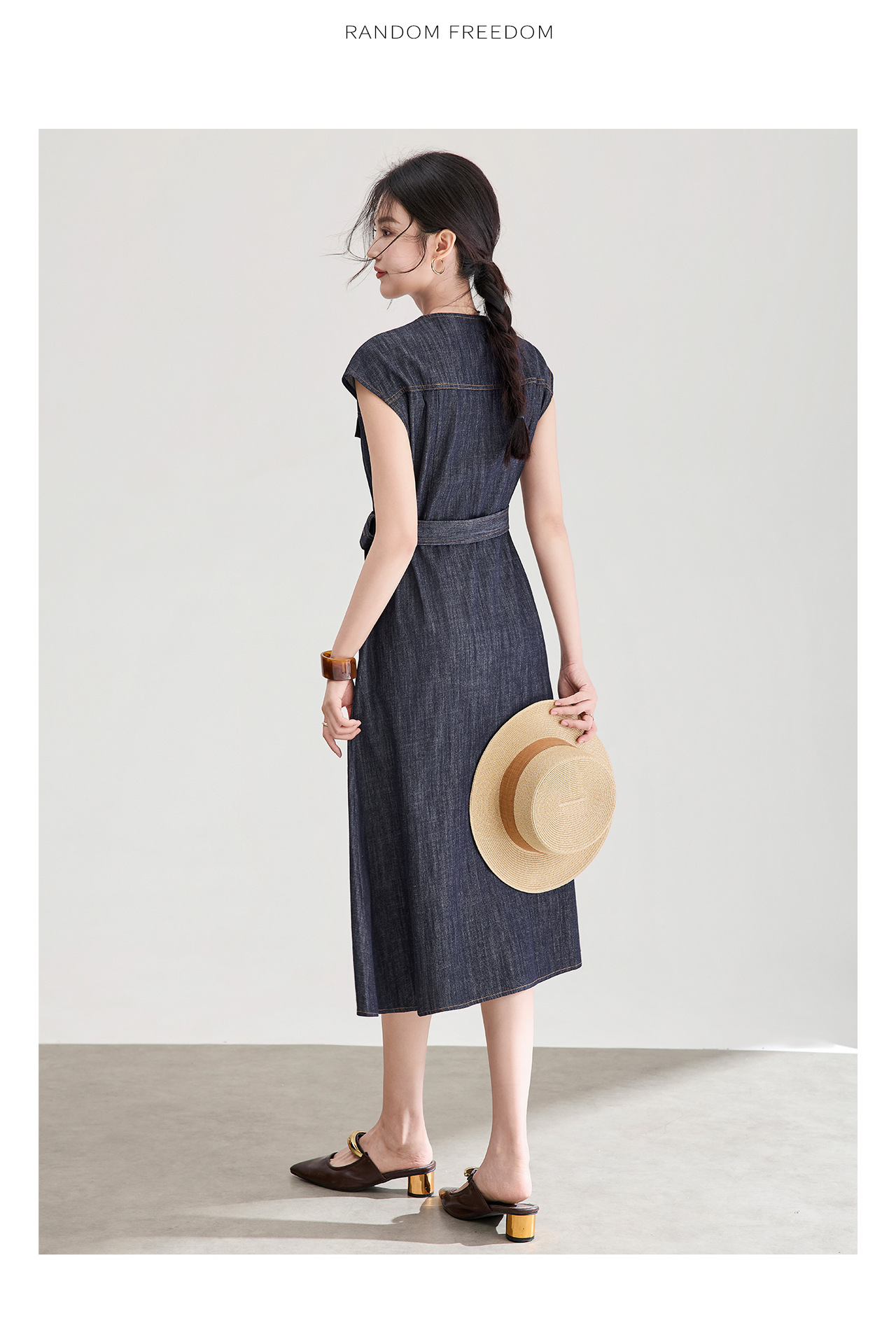 Váy denim nữ cổ ve sành điệu dáng suông midi — xanh đậm chi tiết 15