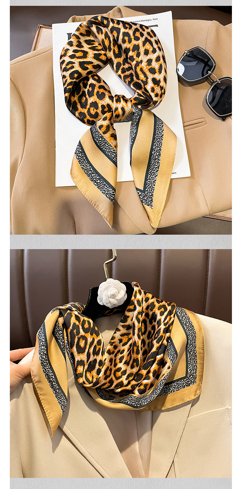 53g Weight Silk Scarf Classification Travel, Street Occasion Women's Elegant Business Color Block Leopard Satin Printing Silk Scarf