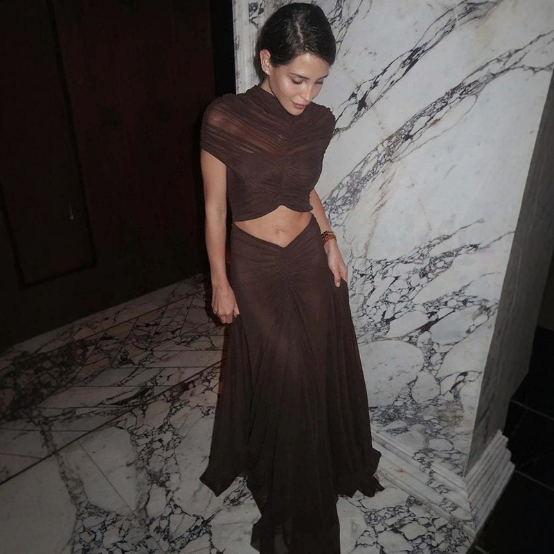 European and American Cross-Border Brown Crop-Top Sexy Niche Instagram-Style Design Elegant Figure-Flattering Socialite Private Dress