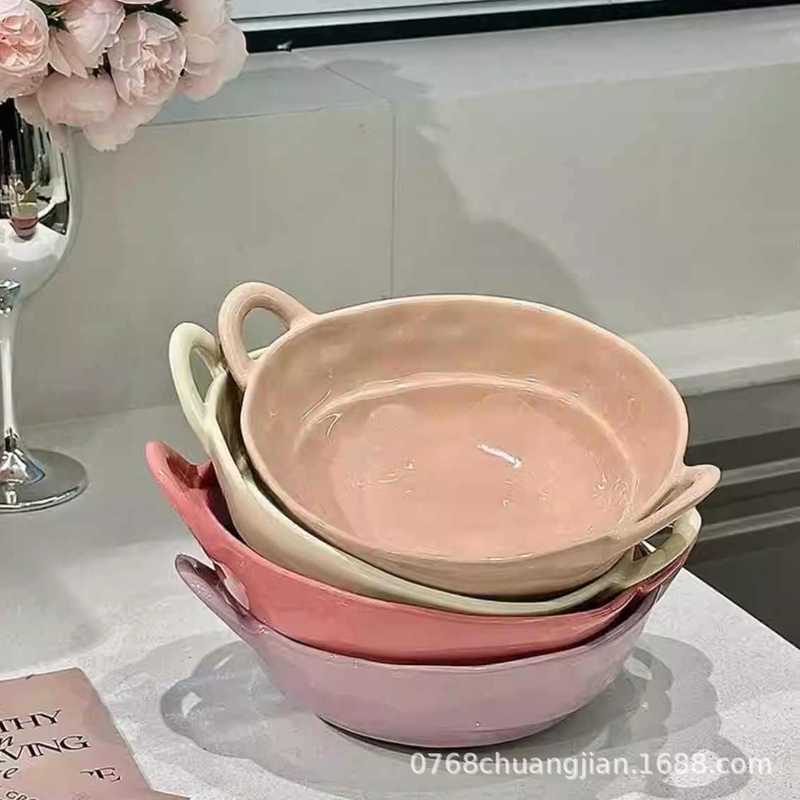 セラミック手絞り不規則な双耳ボウルフルーツサラダボウルインスタントラーメンボウルホーム寮学生食器カタツムリヌードル|undefined
