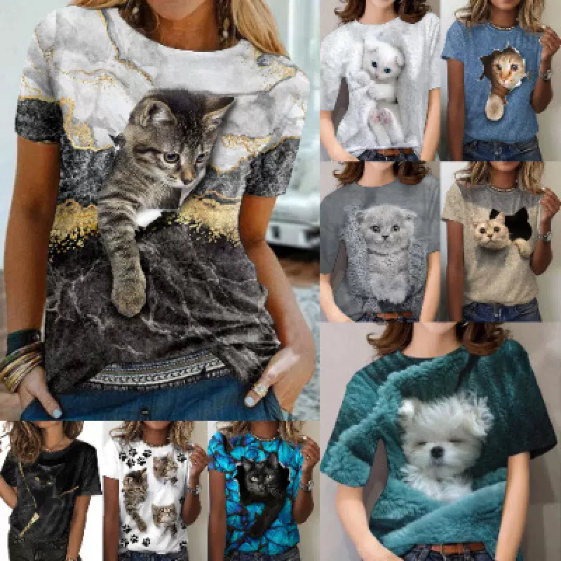 2024可爱猫咪3D印花 欧美外贸女装一件直发亚马逊独立站女短袖T恤