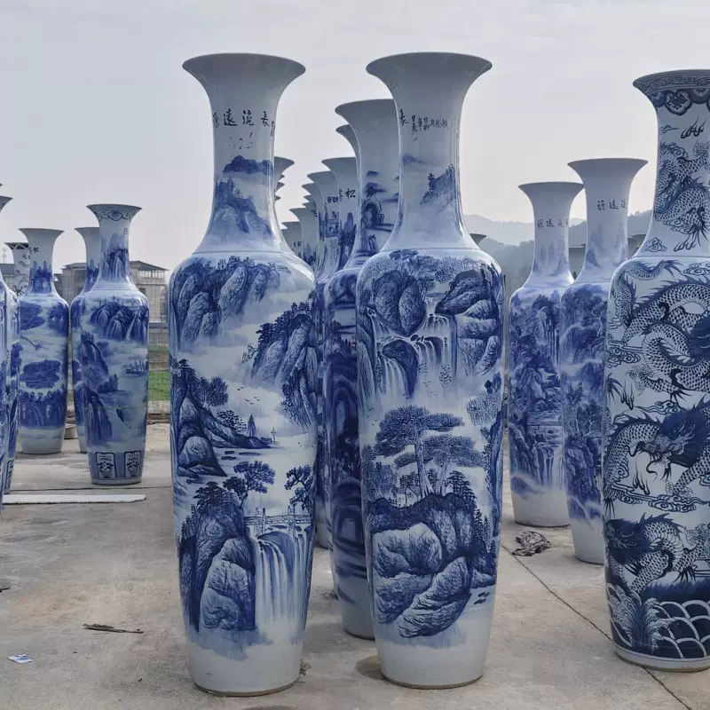 手绘釉下彩青花山水落地大花瓶摆件公司酒店庆典开业装饰品大摆件