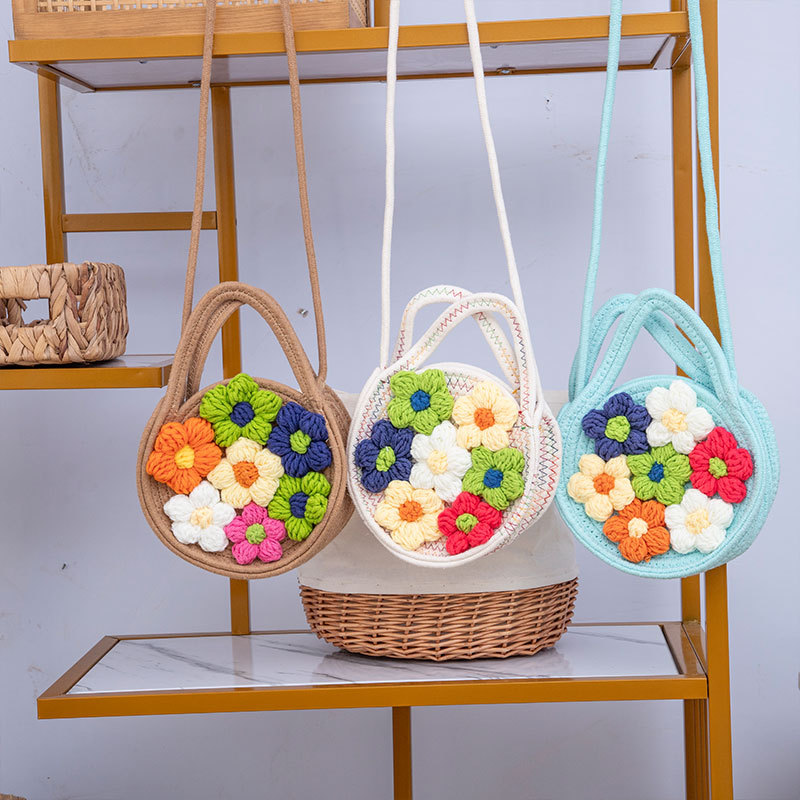 Cordón de algodón tejido bolso de mano mujer primavera y verano nuevo color sólido pequeño fresco bolso de vacaciones bolso de mano flores