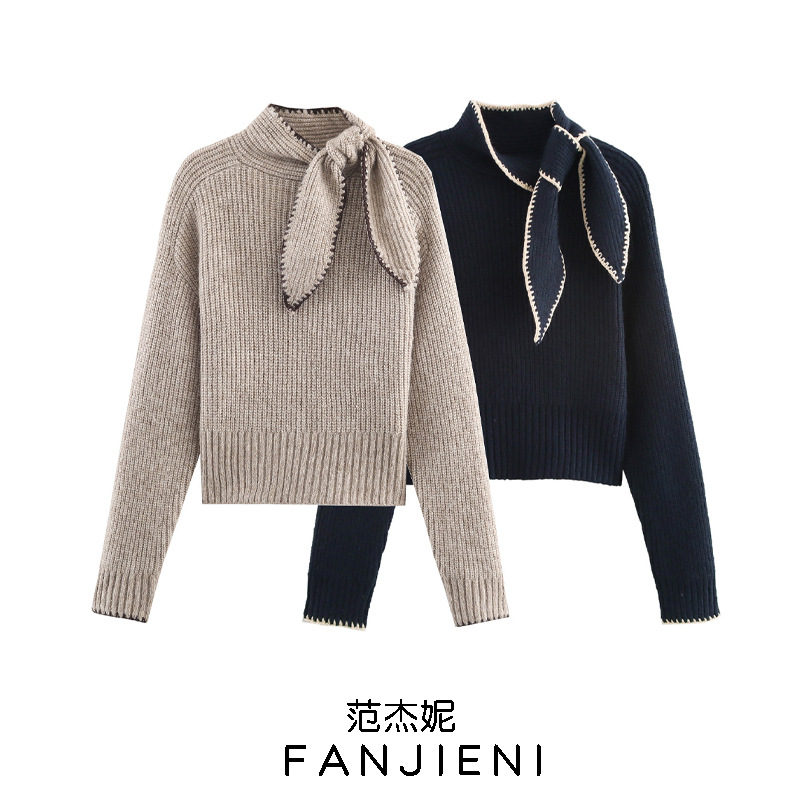 Zr Export Wholesale European and American Style Women's Clothing Fashionable and Versatile Pure Color Slimming Look Bow-Decorated Knitwear 3920940