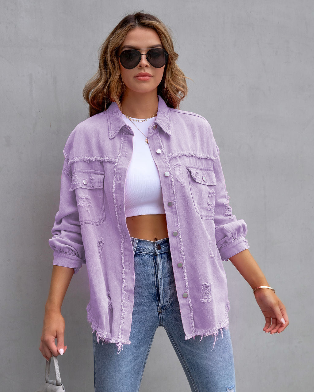 Giacca di jeans donna con volant strappata bavero manica lunga_voghion.com