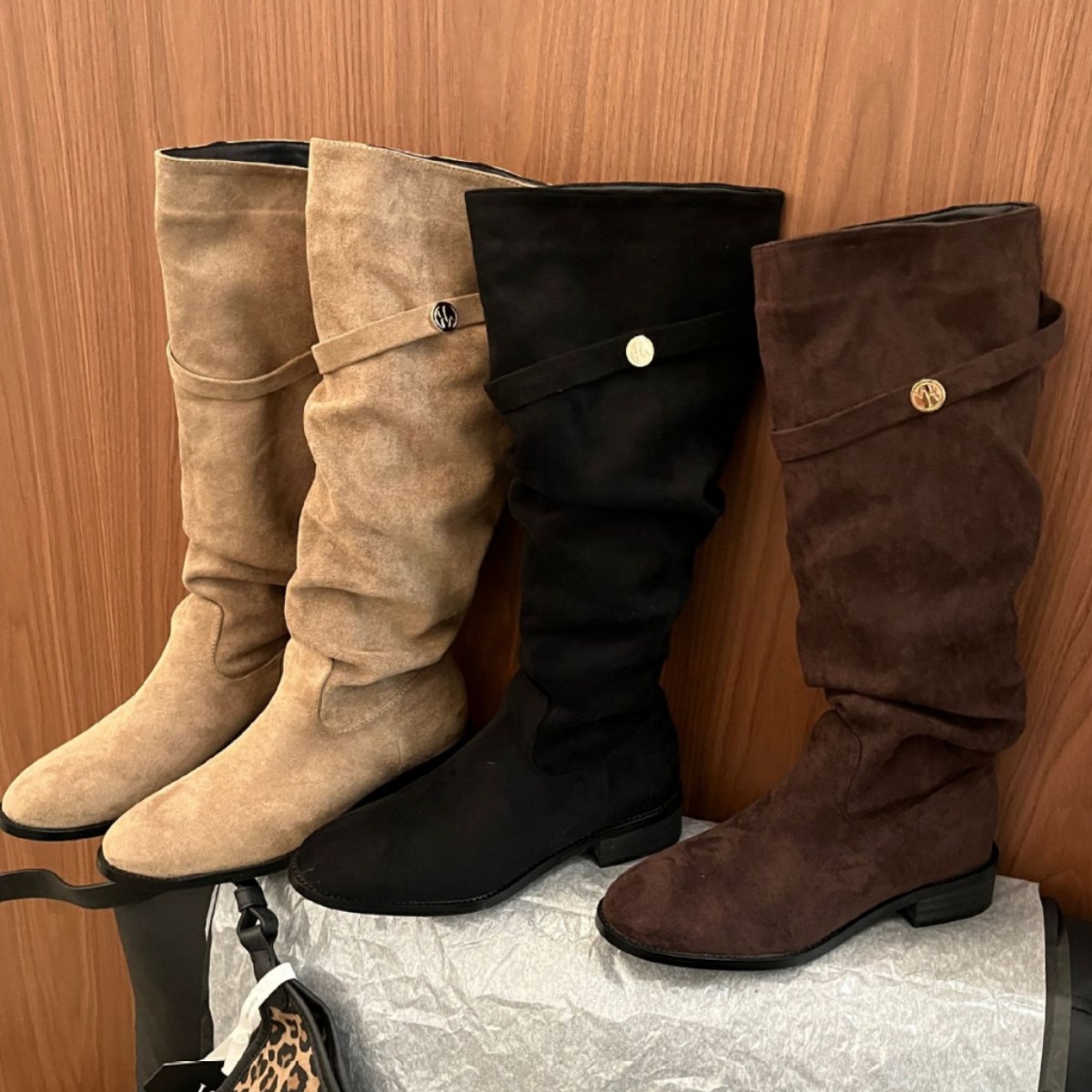 ShoeVault 2024 Chunky Heel Retro Fleece-Lined Coffee Color Riding French Style Slim Bare Autumn Winter Women's Over-the-Knee Boots