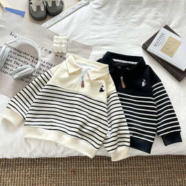 儿童卫衣2026春秋季新款男女宝同款拉链polo领长袖条纹百搭上衣