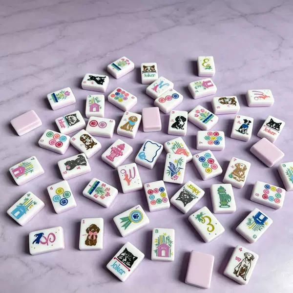 Pink Puppy-Themed Mahjong Set, Leisure Party Board Game, Entertainment, Hand-Played Mahjong Tiles
