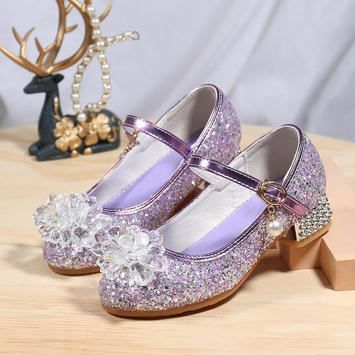 Children's leather shoes with high heels, little girl performance crystal shoes dress soft soles summer princess children's shoes purple