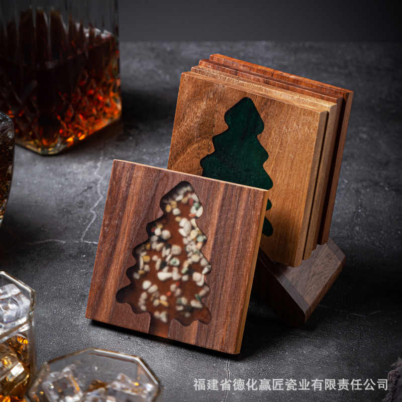 Resina transfronteriza almohadilla de taza de río piedra árbol de Navidad madera sólida empalme epoxi simple transparente almohadilla de taza de té cuadrada
