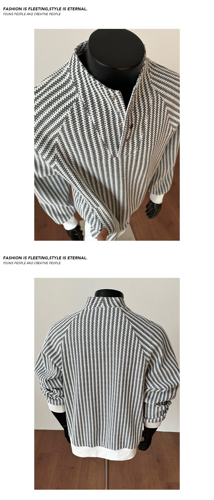 Fishbone Stripe Colour-blocked Sweatshirt Henley Collar Unisex_voghion.com