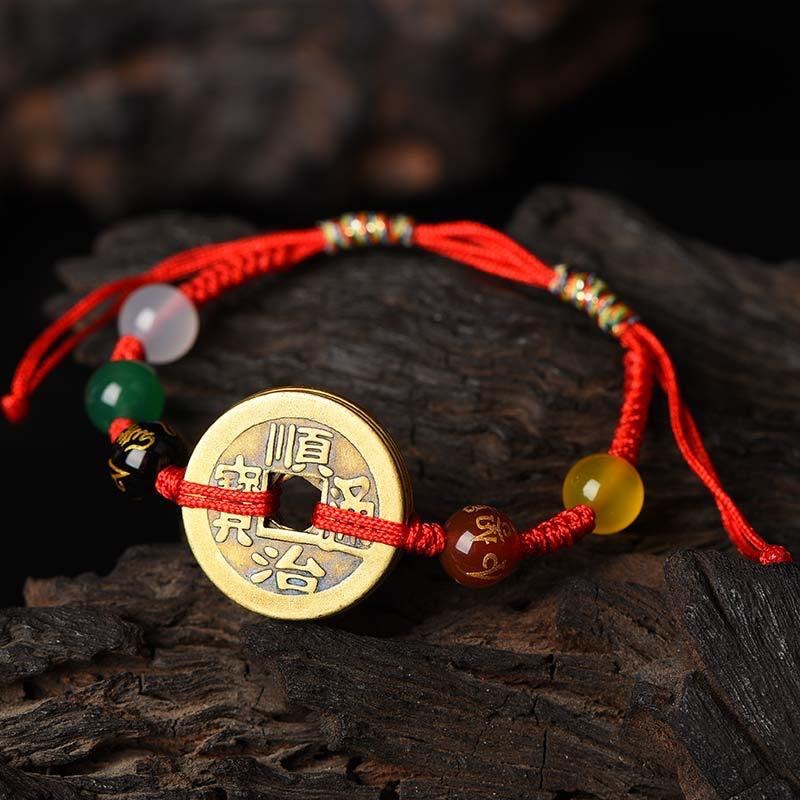 2024新款手工编织本命年红绳铜钱手绳批发纯铜五帝钱手绳小饰品